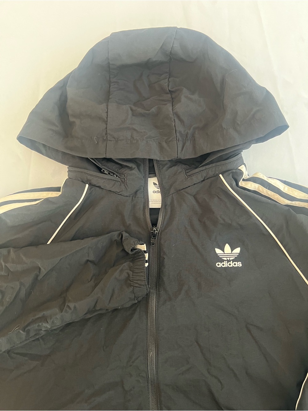 adidas Black Hooded Rain Jacket with White Piping